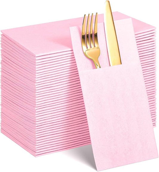 60 Pcs Pink Linen-Feel Paper Napkins with Built-in Flatware Pocket, Pocket Linen Napkin Prefolded Cloth Like Paper Napkins Bulk for Girls Birthday Baby Bridal Shower Tea Party Wedding