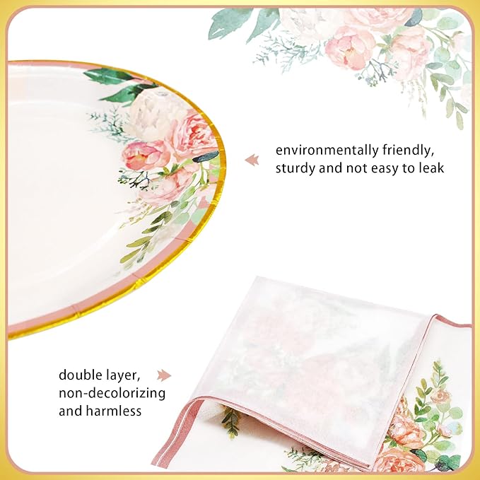 Boosolo Floral Party Supplies - Paper Plates and Napkins Sets for 50 Guests - Include Floral Party Disposable Paper Dinner Plates, Napkins for Baby or Bridal Shower, Birthday, Wedding