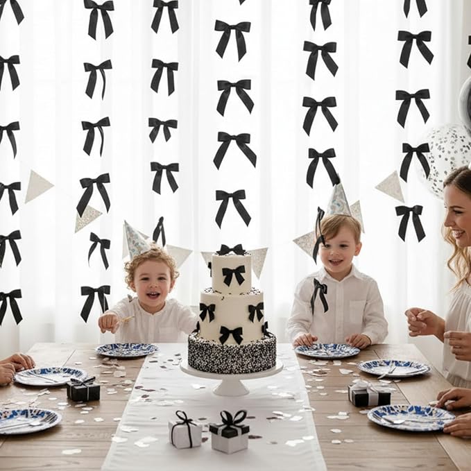 Taobary 8 Pcs 6.6 ft Bow Garland, Satin Ribbon Bow Banner Coquette Hanging Ornament for Photo Backdrop Birthday Party Wedding Bridal Baby Shower Wall Decorations(Black,1 Inch)
