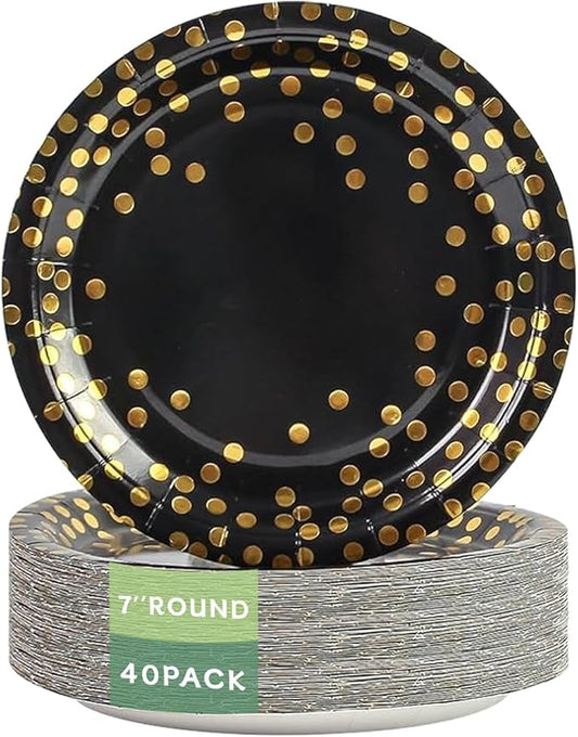 Stylish Paper Plates 40 Count,Eco Compostable Plates,7 inch Foil Polka Dots Black Small Paper Plates Disposable Plates for Daily Use,Party,Easter, Birthday,Wedding