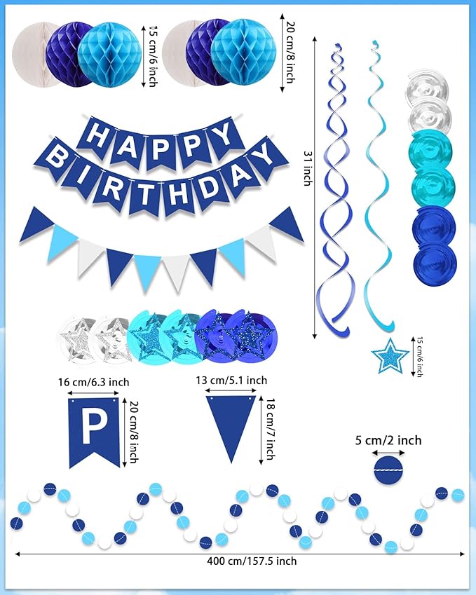 Pre-Strung Blue Happy Birthday Decorations, Happy Birthday Banner with Honeycomb Balls, Stars Hanging Swirl Streamers, Dots Garland, Party Decorations for Men Boys Women Girls