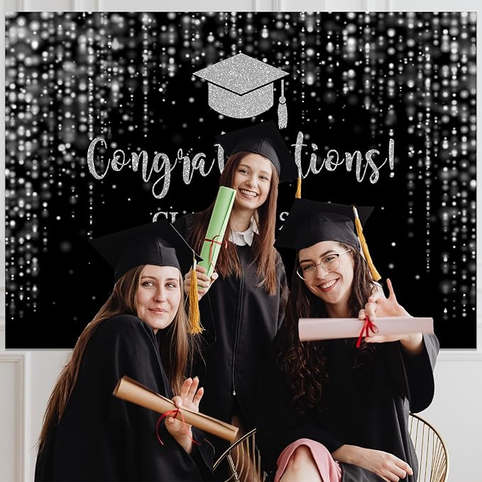 Mocsicka Class of 2026 Backdrop Black Silver Glitter Bokeh Graduation Party Background 2026 Congrats Grad Prom Party Cake Table Decoration Photo Booth Props (10x7ft)