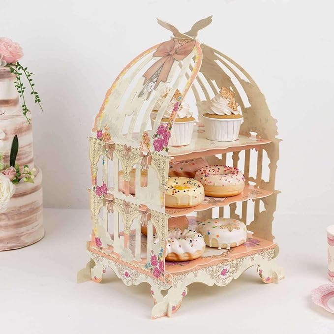 Efavormart 3 Tier White Peach Birdcage Cardboard Cupcake Stand with Floral Print, Cake Display Dessert Holder - 18"