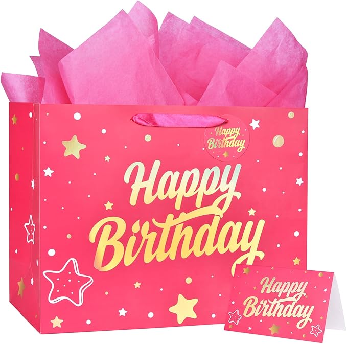 ZGORENDZ 14'' Large Gift Bag Gold Foil Happy Birthday Party Bag with Tissue Paper, Card, Envelope, Gift Tag for Birthday