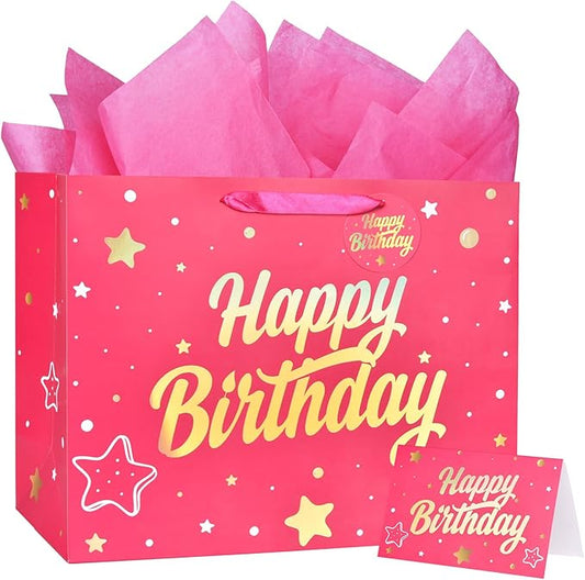 ZGORENDZ 14'' Large Gift Bag Gold Foil Happy Birthday Party Bag with Tissue Paper, Card, Envelope, Gift Tag for Birthday