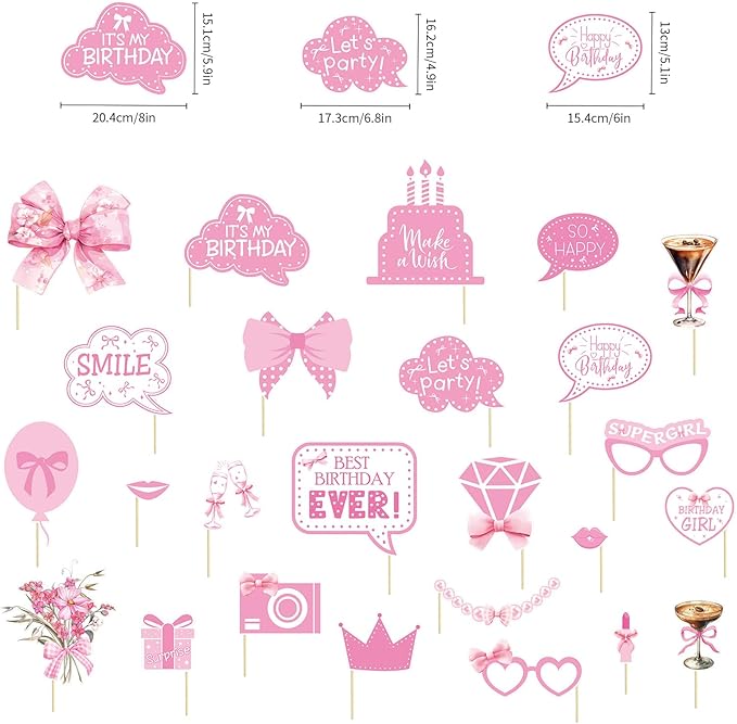 Pink Bow Party Decorations Photo Booth Props Signs,25pcs Pink Bow Birthday Decorations Selfie Props with Sticks for Women Coquette Birthday Decorations Supplies Decor Favors