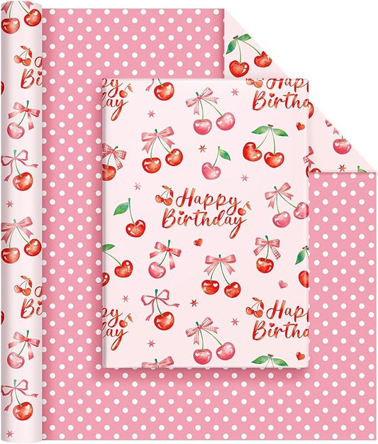 WERNNSAl Cherry Bow Wrapping Paper Roll- 1 Roll 17” x 33 ft Cherry Bow Tie Ribbon Gift Wrapping Paper for Girls Women Birthday Pink Birthday Wrap Paper with Polka Dot Design for Party Supplies