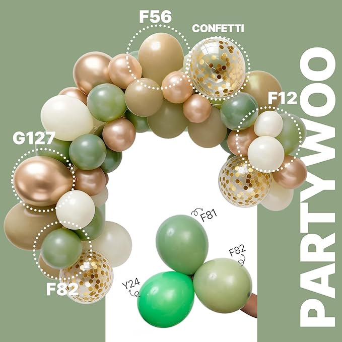 PartyWoo Sage Green Balloons 66pcs 12 Inch Metallic Gold Sand White Light Brown Gold Confetti Balloons for Baby Shower Wedding Engagement Jungle Woodland Forest Birthday Party Decorations