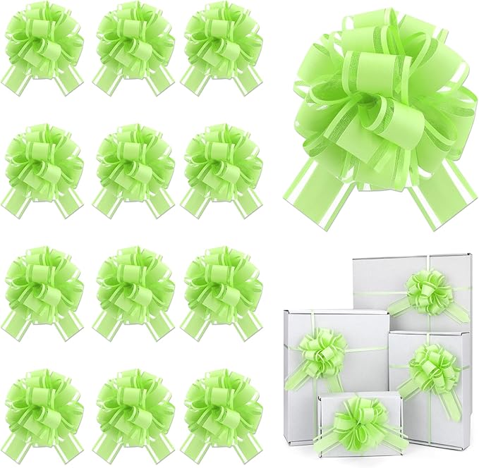 12 pcs Green Gift Bow Pull Bows for Gift Warpping Christmas Warp Ribbon Bow Party Birthday Wedding Solid Bows for Bikes Anniversary Boxes Flower Decorations Valentine's Day (Light Green-E)