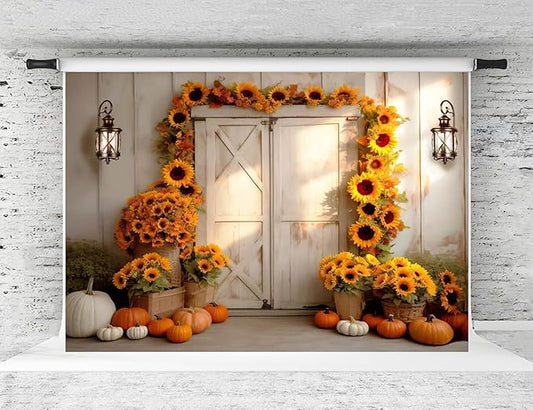 Kate Fall Photography Backdrop Autumn Sunflower Photo Background for Kids Fall Pumpkin Birthday Party Backdrop, 10x8ft