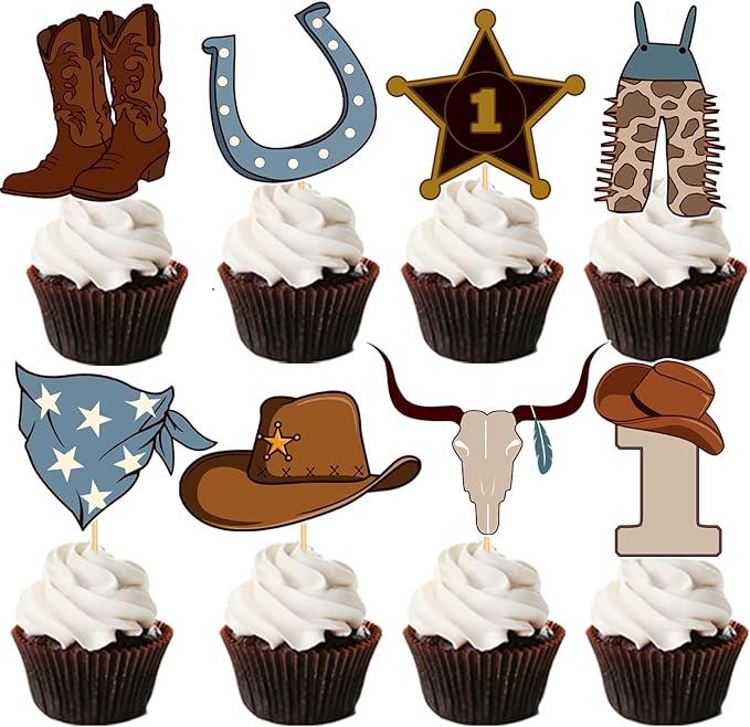 48 Pcs Cowboy 1st Birthday Cupcake Toppers My First Rodeo Birthday Party Deocration 1St Birthday Party Decorations for Boy baby shower Rodeo Theme Party Deocrations