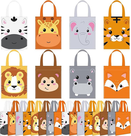 Photect 32 Pcs Safari Party Favor Bags Non Woven Jungle Animal Goodie Treat Bags with Handles Lion Tiger Elephant Monkey Giraffe Gift Pack for Kids Safari Themed Party Birthday Baby Shower Supplies