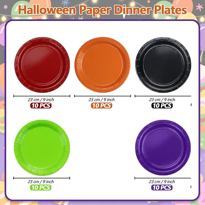 50Pcs Halloween Plates - 9” Black Red Orange Green Purple Round Bulk Dinner Plates for Holiday Picnic Celebrations Halloween Party Decorations