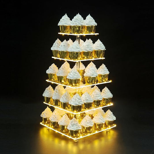 Cupcake Stand, Elegant Cupcake Holder with Brighter Yellow LED String Light, Clear 5-Tier Square Acrylic Cupcake Tower for Wedding, Birthday, Baby Shower, Party (Yellow light)