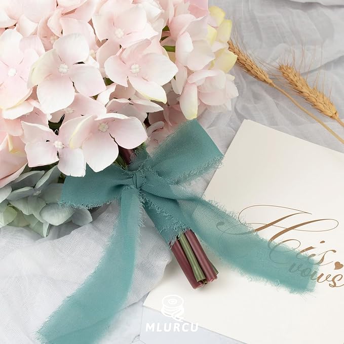 Nlie Blue Chiffon Ribbon - 1-1/2 Inch x 21 Yards, Handmade Fringe, Silk, Boho Frayed, Wedding Invitation, Bridal Flower Bouquets