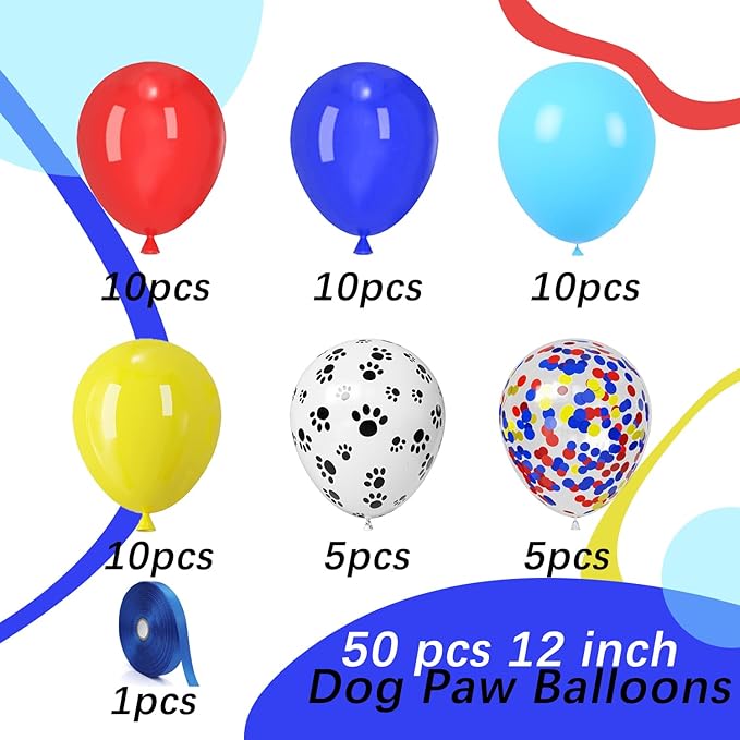 Dog Paw Latex Balloons, 50pcs 12 Inches Royal Blue Light Blue Yellow Red Paw Print Balloons with 1 Ribbon for Dog Birthday Party Decorations
