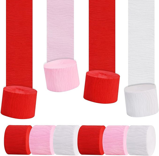 BEISHIDA 6 Rolls Red White Pink Crepe Paper Streamers for Valentines Party Decorations Wedding Engagement Romantic Mother's Day Birthday Baby Shower DIY Craft Paper (1.8 Inch x 82 Ft/Roll)