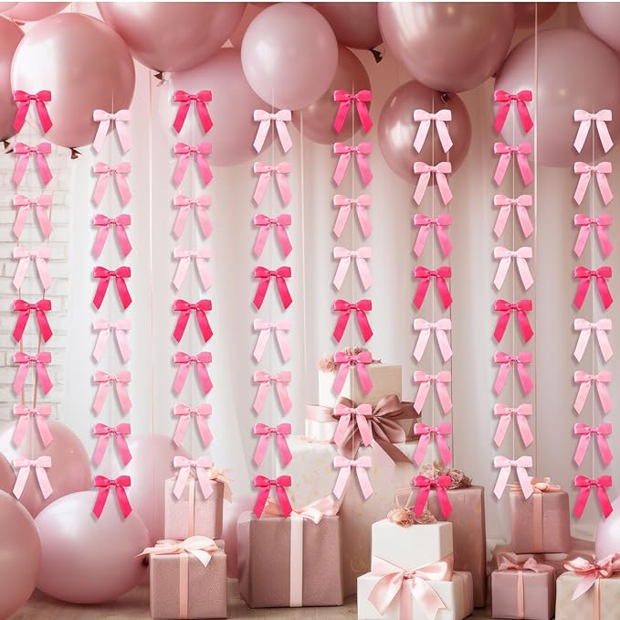 Taobary 8 Pcs 6.6 ft Bow Garland, Satin Ribbon Bow Banner Coquette Hanging Ornament for Photo Backdrop Birthday Party Wedding Bridal Baby Shower Wall Decorations(Pink Series,1 Inch)