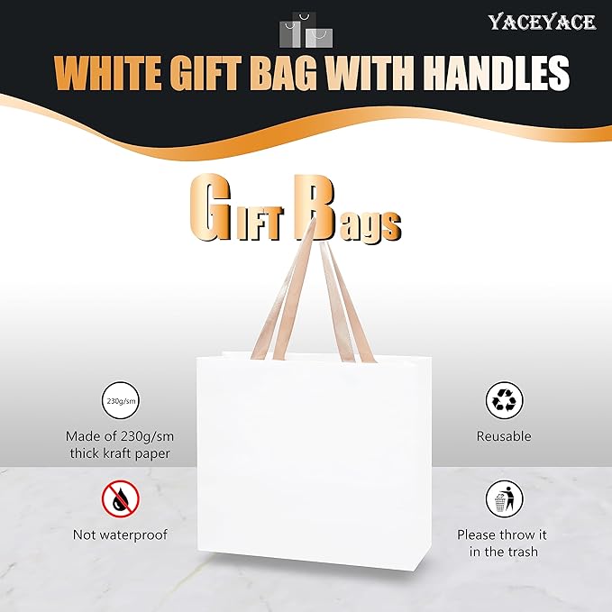 White Gift Bags Large Size, 20Pcs 12.5"x4.5"x11" Large Gift Bags Bulk, White Paper Shopping Bags with Handles, Boutique Bags, Party Bags