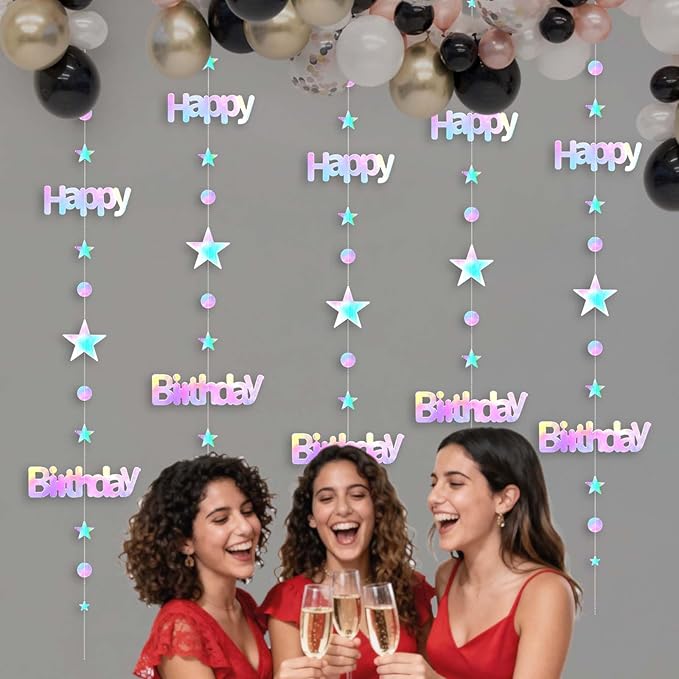 Pre-Strung Iridescent Happy Birthday Banner Decorations, No DIY Holographic Star Circle Dot Garland Sign Hanging Streamers Birthday Party Decor for Women Men Girl Boy Party Supplies