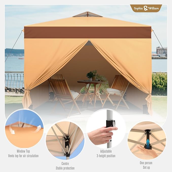 Sophia & William Canopy Tent Pop Up 10x10 ft One Person Push Set Up Canopies with 4 Sidewalls, Outdoor Shelter Heavy Duty Straight Legs with 4 Sandbags & 1 Roller Bag, 8 Stakes & 4 Guy Ropes, UPF50+