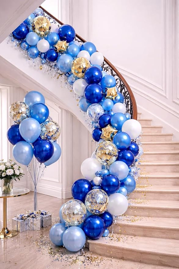 Metallic Blue Balloons 12 Inch – 60 Pack Blue & Gold Balloon Kit with Confetti, Light Blue, Dark Blue & Chrome Blue for Corporate Event Decor, Birthday, Baby Shower & Party Decorations