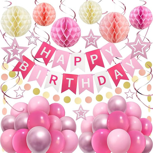 ZERODECO Birthday Decorations, Easy to Assemble Pink Happy Birthday Banner with Honeycomb Ball, Balloon, Hanging Swirl Streamer, Garland, Happy Birthday Party Decorations for Women Girls Kids