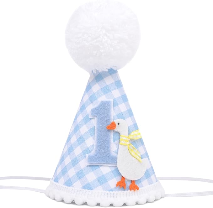 One Funny Goose Birthday Hat - Goose 1st Birthday Decorations, Blue Gingham 1st Bday Party Hat for Boys, One Goosie First Bday Crown