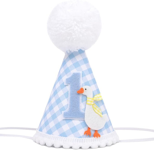 One Funny Goose Birthday Hat - Goose 1st Birthday Decorations, Blue Gingham 1st Bday Party Hat for Boys, One Goosie First Bday Crown