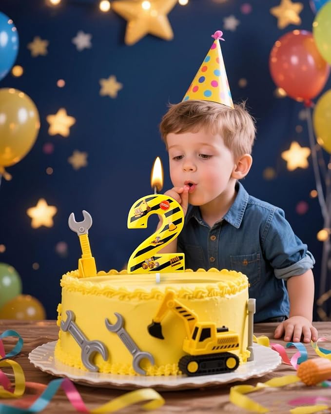 Number 2 Construction Birthday Candle, 2.68 Inch Yellow and Black Striped Candle, Birthday Candles Numbers Construction Cake Topper for Boys Girls, Construction Birthday Party Supplies Decorations