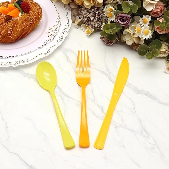 180 PCS Yellow Plastic Silverware Heavy Duty Yellow Plastic Cutlery Set Disposable 60 Forks, 60 Knives, 60 Spoons for Birthday, Party, Picnic