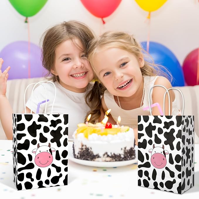 20Pcs Cow Party Favors Bags with Handles, Farm Themed Kraft Paper Gift Bags Candy Bags, Cute Cow Print Goodie Bags for Girls Boys Birthday Baby Shower