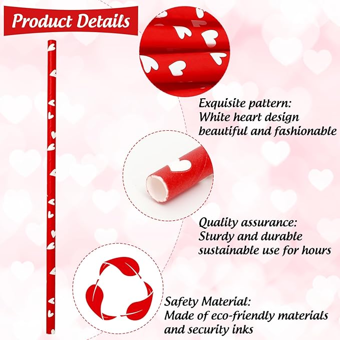 Whaline 200Pcs Valentine's Day Paper Straws Disposable Straws Romantic Red White Heart Drinking Straw for Valentines Party Wedding Anniversary Supplies