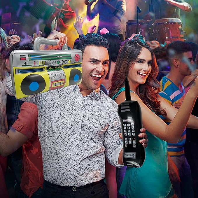 3 PCS Hip hop Props Inflatable Mobile Phone Inflatable Radio Boombox Inflatable Microphone Props for or 80s 90s Party Decorations Glow Theme Birthdays Party Graduations Photo Booth Props