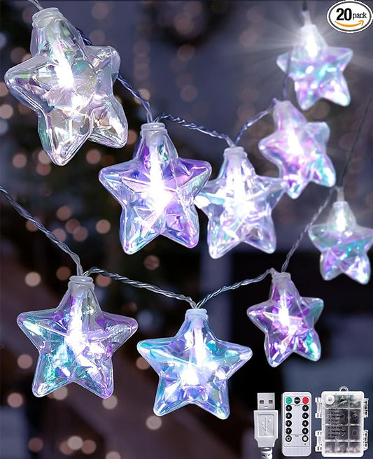 AceList 20 LED Star String Lights, 10ft Iridescent Star Lights with Remote, IP44 Waterproof, 8 Modes USB or Battery Operated Fairy Lights for Bedroom, Christmas, Party Decor (White)