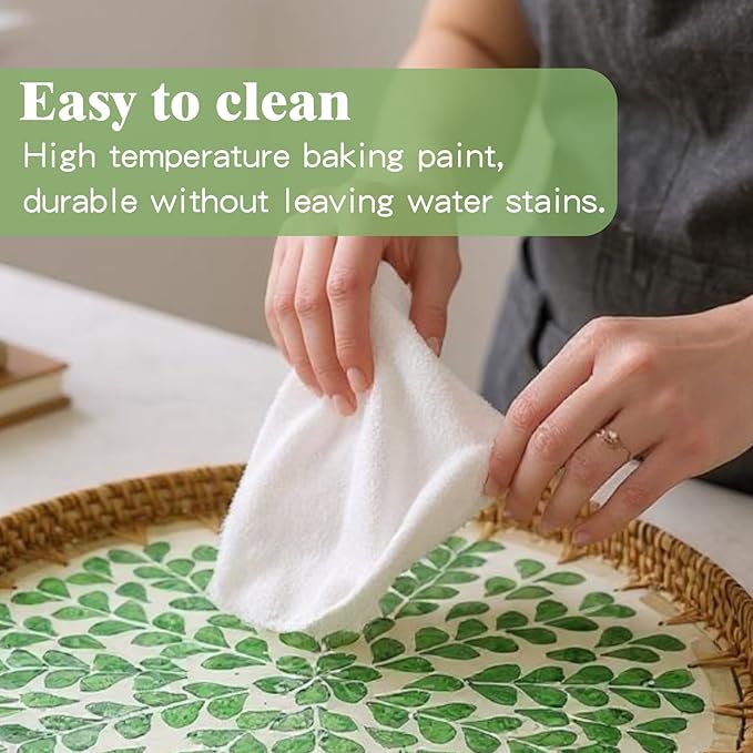 Round Rattan Tray with Mother of Pearl Inlay, Handwoven Wicker Coffee Table Serving Basket Tray for Fruit Snack Party Picnic Cafe Bedroom Kitchen Home Decor Set of 2 (Green Wicker)