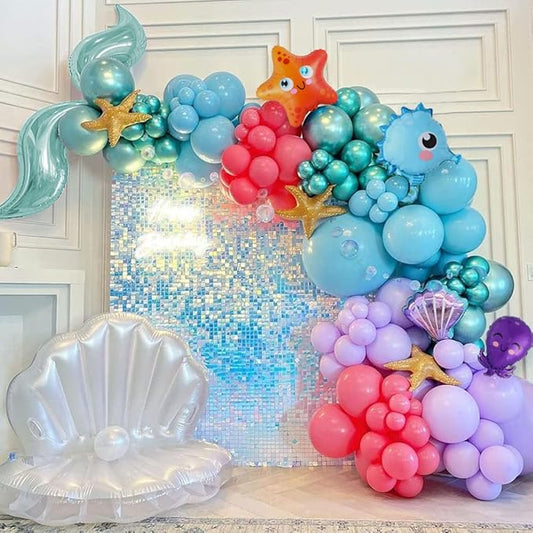 Mermaid Balloon Garland Kit, 125pcs Under The Sea Balloons Mermaid Tail Arch Party Supplies with Seahorse Octopus Ocean Animals Balloons for Birthday Party Baby Shower Decorations