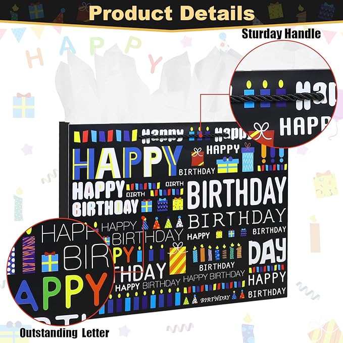 Oletx 13" Black Letter Party Gift Bags Happy Birthday Gift Paper Bag with Tissue Paper Greeting Card for Father's Day,Men's Birthday Party