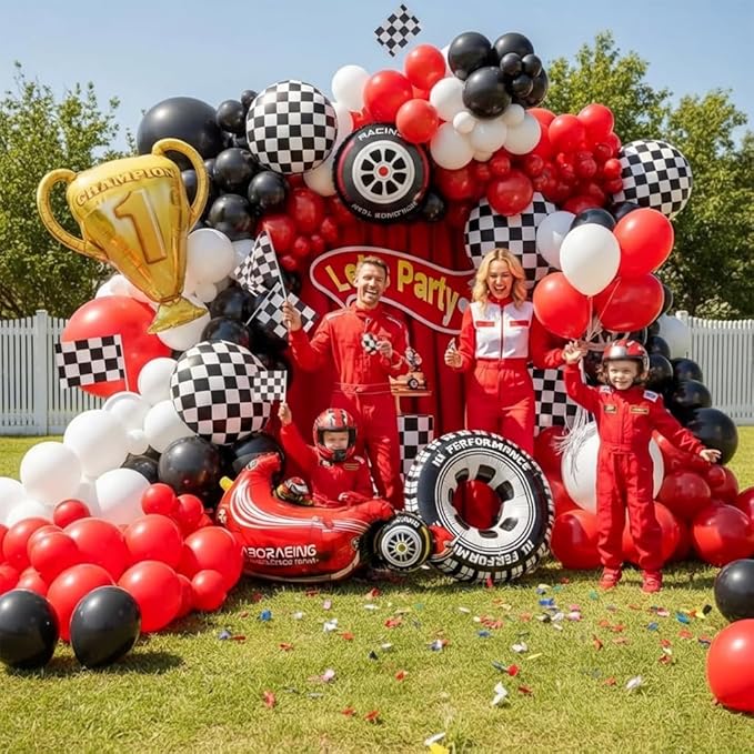 Race Car Balloons Arch Kit -Trophy, Flags, Cars, Tire, Checkered, Wheels and Red Black White Balloon Garland Kit for Racing Car Theme Two Fast 2nd One Theme 1st Boy Birthday Party Decorations