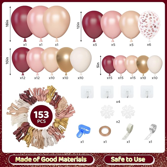 Amandir 153pcs Burgundy Balloons Arch Garland Kit Different Sizes 18 12 10 5 Inch Pearl Champagne Rose Gold Confetti White Maroon Balloon Mothers Wedding Birthday Bridal Graduation Party Decorations