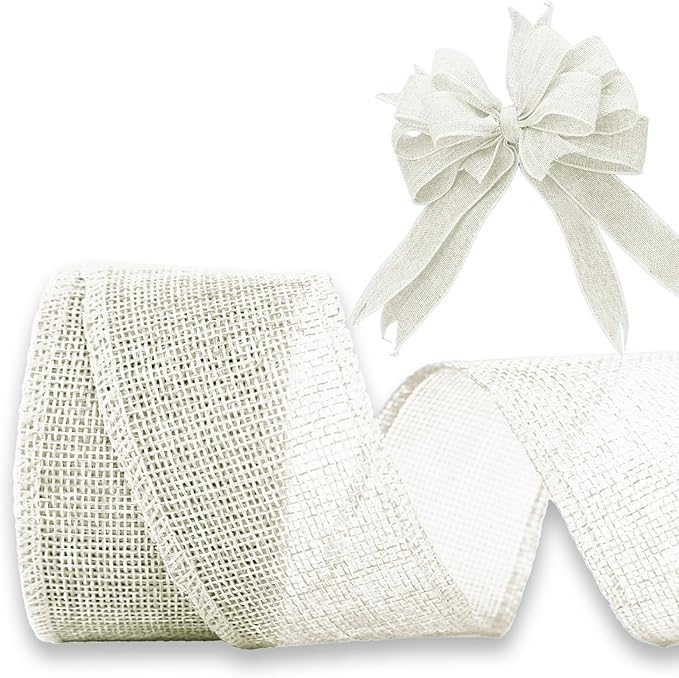 Ivory White Burlap Ribbon 2 inch X 10 Yard Natural Linen Woven Burlap Ribbons DIY Handmade Edging Production Wreath Holiday Decoration Ribbon Gift Wrapping Beige White Burlap Ribbons