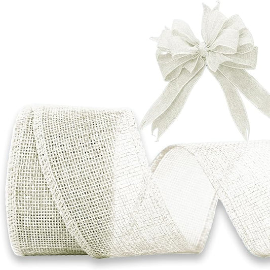 Ivory White Burlap Ribbon 2 inch X 10 Yard Natural Linen Woven Burlap Ribbons DIY Handmade Edging Production Wreath Holiday Decoration Ribbon Gift Wrapping Beige White Burlap Ribbons