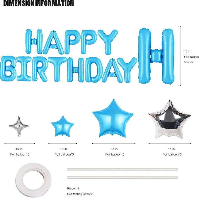 CANREVEL Happy Birthday Banner 13pcs 16 Inch Mylar Foil Letters with 12pcs Star Balloons Birthday Party Decorations for Kids and Adults - 3D Light Blue