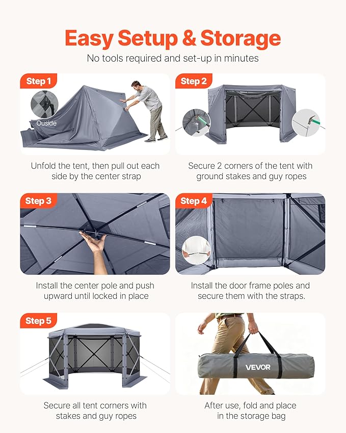 VEVOR Pop up Gazebo Screen Tent, 12 x 12 ft Large 6-Sided Camping Canopy Tent with Removable Top & Carry Bag, Quick-Set & Bite-Proof, Screen House Sun Shelter for 8-10 Persons Backyard Patio, Grey
