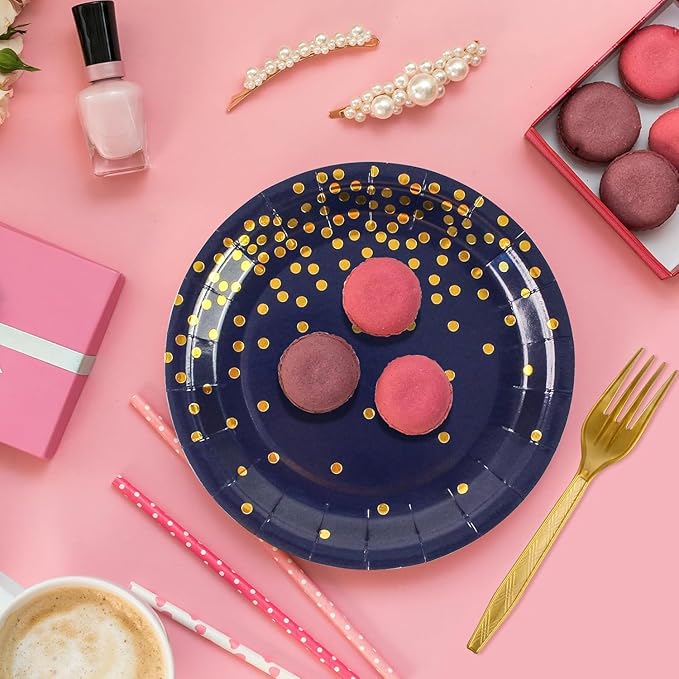 75PCS Blue and Gold Paper Plates and Napkins Party Supplies Blue Gold Dessert Plates Graduation Napkins Disposable Paper Tableware Set for Birthday Graduation Retirement Decorations Serves 25