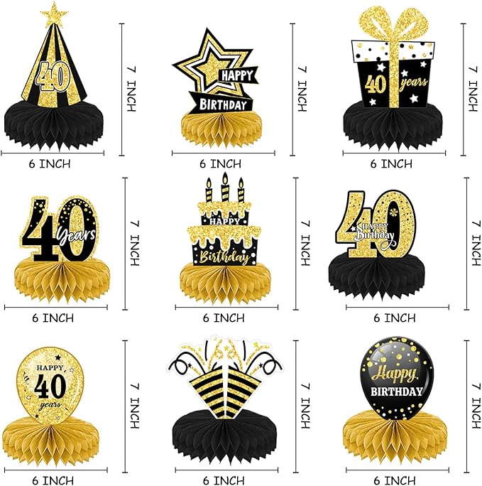 9Pcs Black Gold 18th 21th 30th 40th Honeycomb Decorations - Happy Birthday Decorations, Birthday Table Centre Decorations, Party Table Decorations, Table Decorations Centrepiece (40)