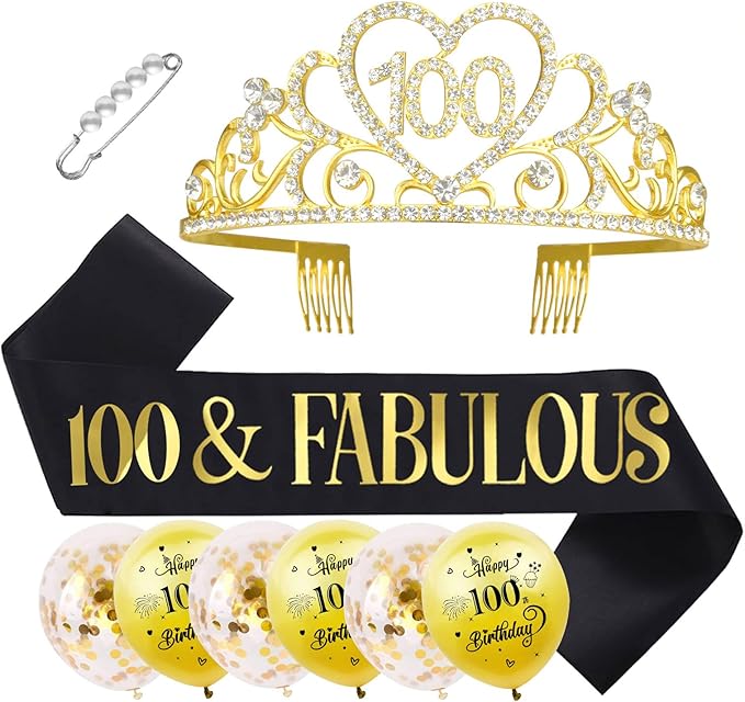 100th Birthday Tiara and Sash Kit - '100 & FABULOUS' Black Sashes and Gold Rhinestone Birthday Crown for Women