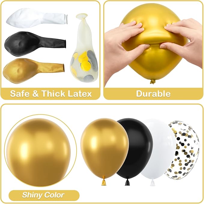 YAOWKY Black and Gold Balloons Arch Garland Kit,124pcs 18 12 10 5 Inch Black White and Gold Black Confetti Balloons for New Years Eve Party, Graduation, Birthday, Wedding, Baby Shower Decorations