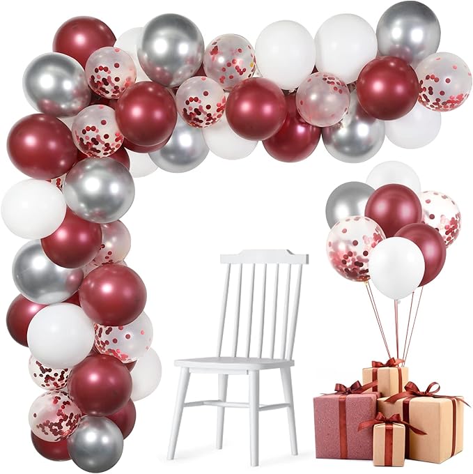 60 Pack Burgundy Red White Silver Maroon Balloons Garland Arch Kit, GAGAKU 12 Inches Latex Confetti Balloons for Women Kids Birthday Wedding Bride Bachelorette Retirement Party Decorations Supplies