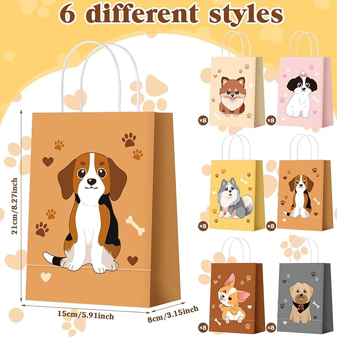 Zhanmai 48 Pcs Dog Birthday Party Favors Bags Bulk for Goodie Gifts Cute Puppy Candy Treat Paper Bags with Handles for Dog Birthday Party Decoration Supplies Pet Adoption